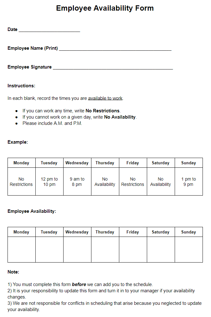 Free Printable Employee Availability Form Printable Templates