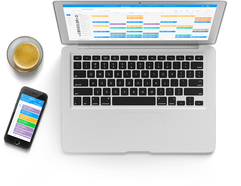 laptop and phone displaying sling workforce management software