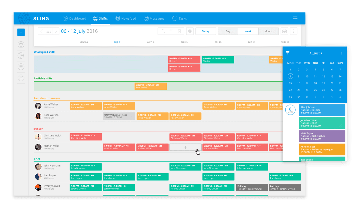 shifts and calendar screen on Sling web application Sling