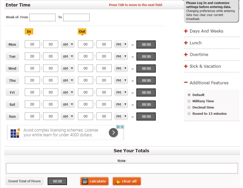 work clock calculator with lunch