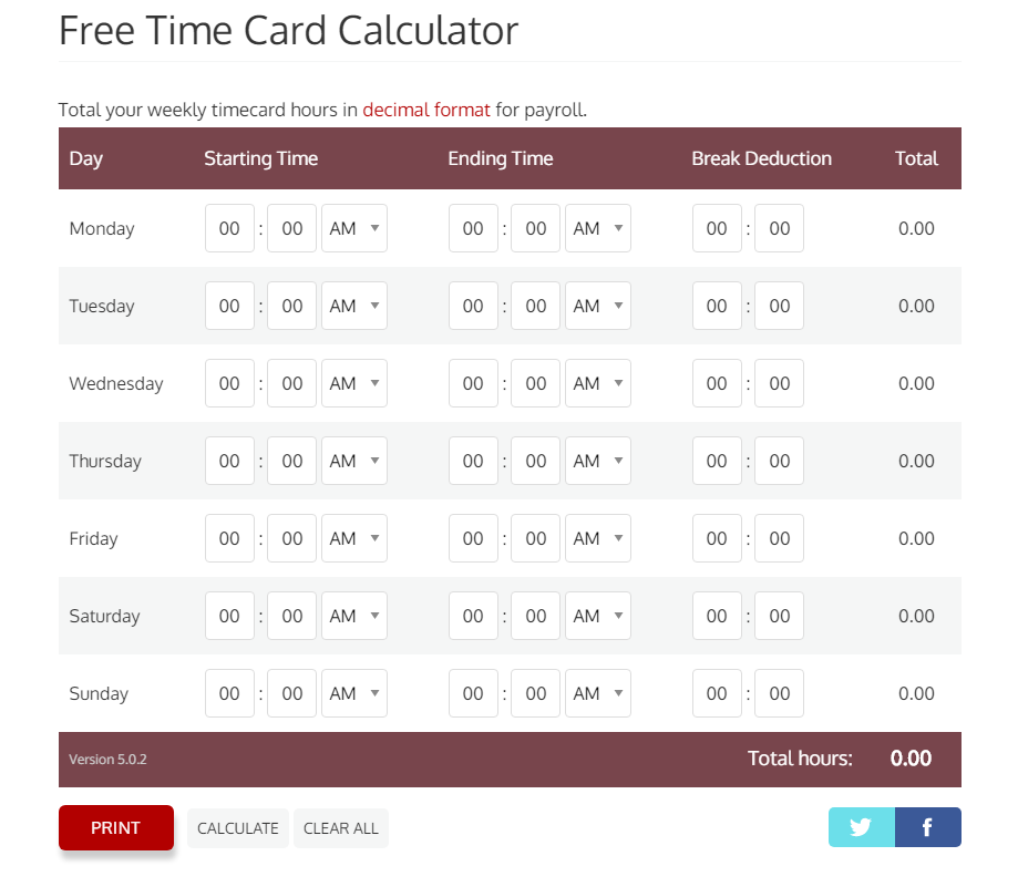 Free Online Time Card Calculator Timesheet Calculator - Gambaran