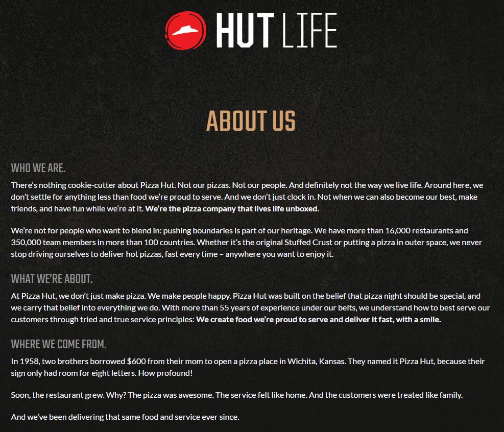 Image of Pizza Hut's website