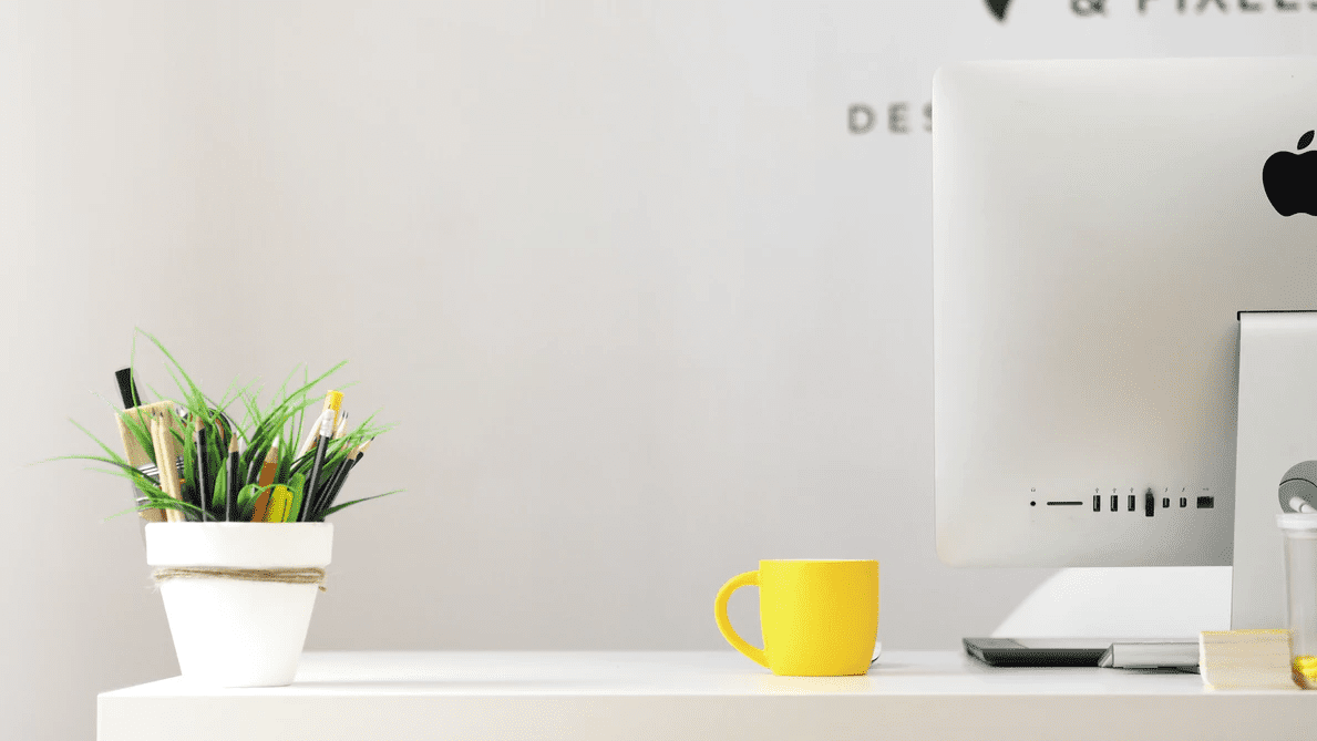 Computer, coffee cup, and plant on a white desk