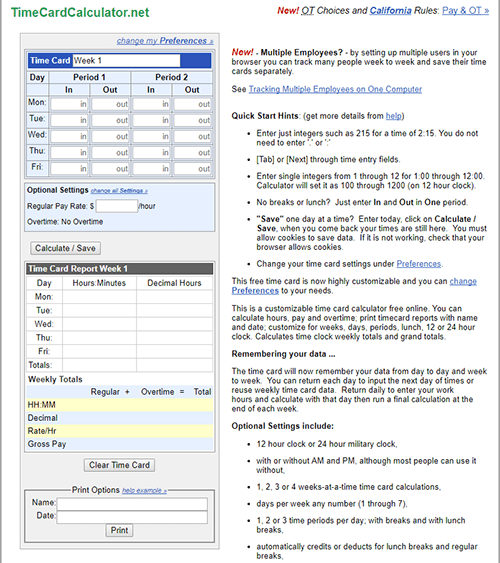 Online time card hours calculator