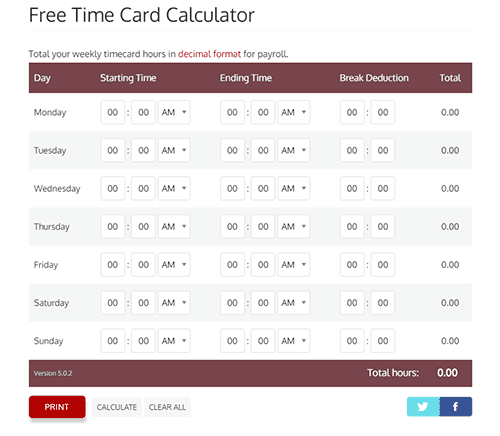 Time card decimal clearance calculator