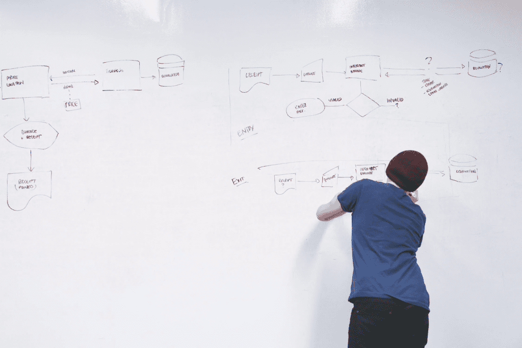 man creating an organizational chart on whiteboard