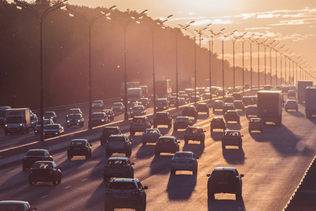 freeway traffic during sunset