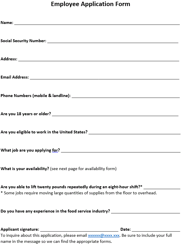 Template of employee application form